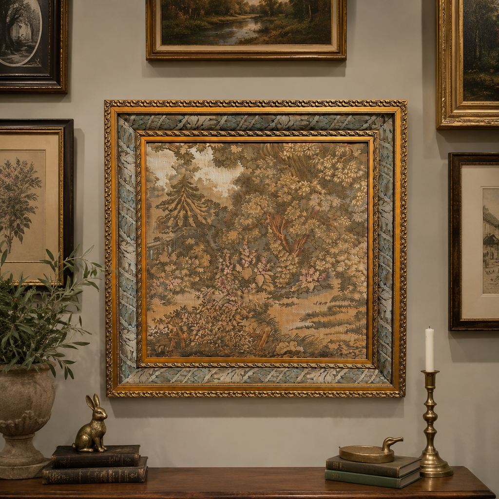 Vintage Framed English Garden Landscape Tapestry | Custom Gilt Frame | 28” x 28”
