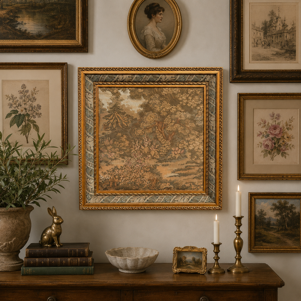 Vintage Framed English Garden Landscape Tapestry | Custom Gilt Frame | 28” x 28”