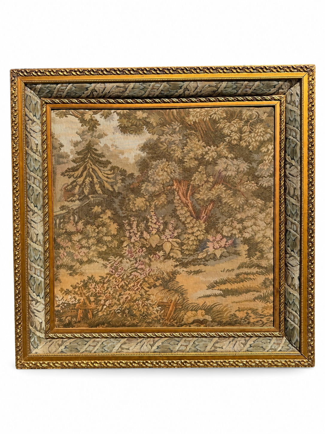 Vintage Framed English Garden Landscape Tapestry | Custom Gilt Frame | 28” x 28”