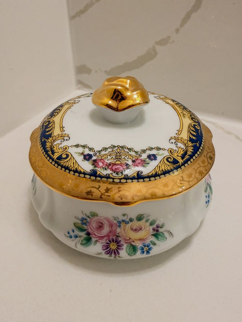 Imperia Limoges France 22K Gold Porcelain Covered Trinket Box with Hand-Painted Floral Design