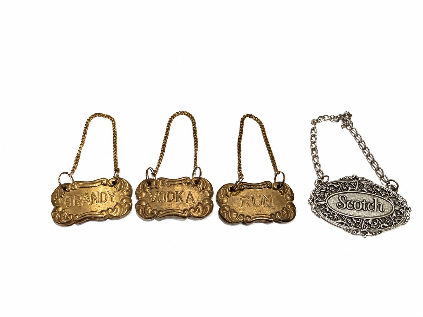 Vintage Brass & Silver-Tone Crystal Decanter Labels – Set of 4