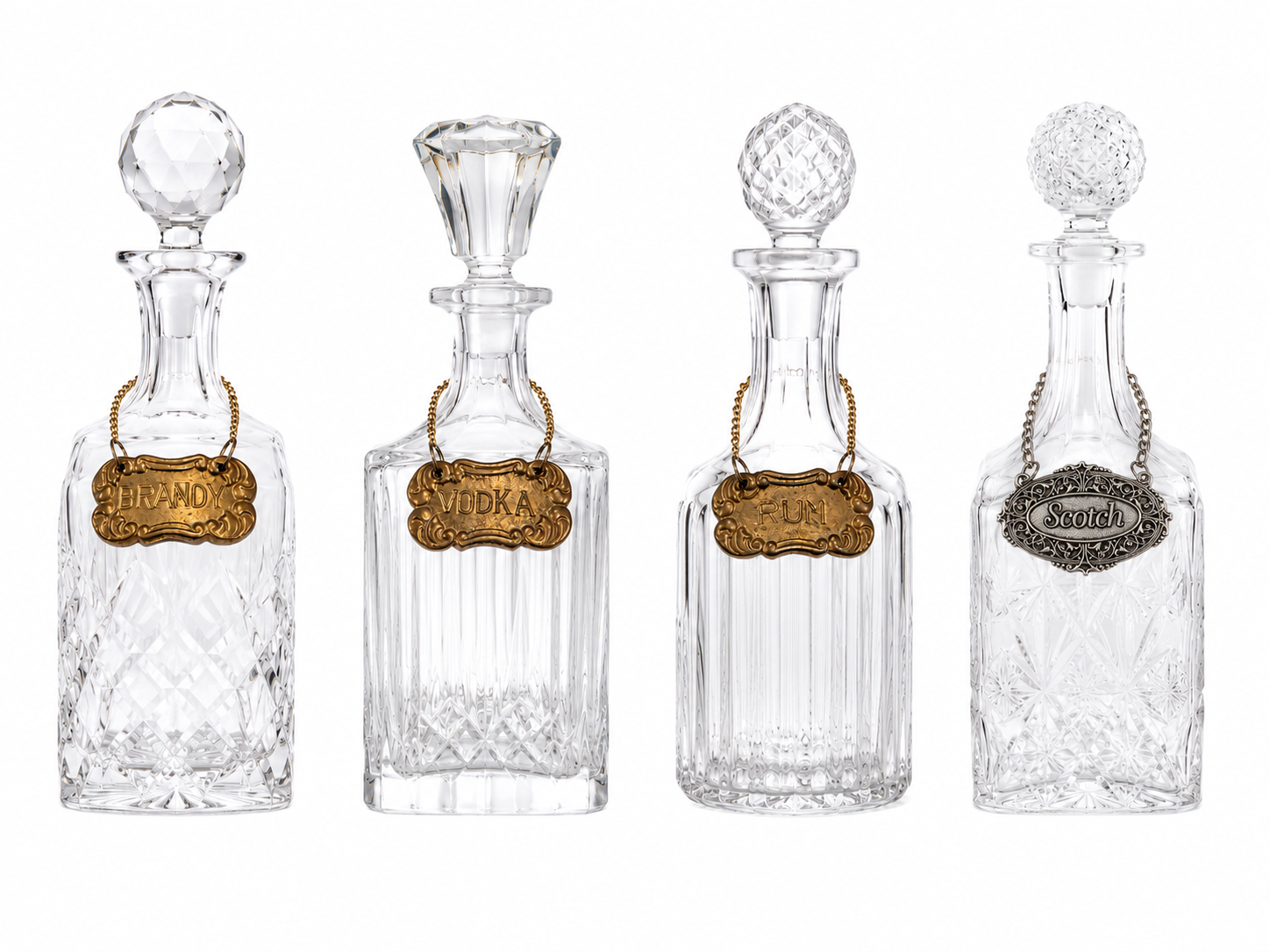 Vintage Brass & Silver-Tone Crystal Decanter Labels – Set of 4