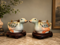 Vintage Celadon Ceramic Duck Ewers on Wooden Stands | Hand-Painted Pair