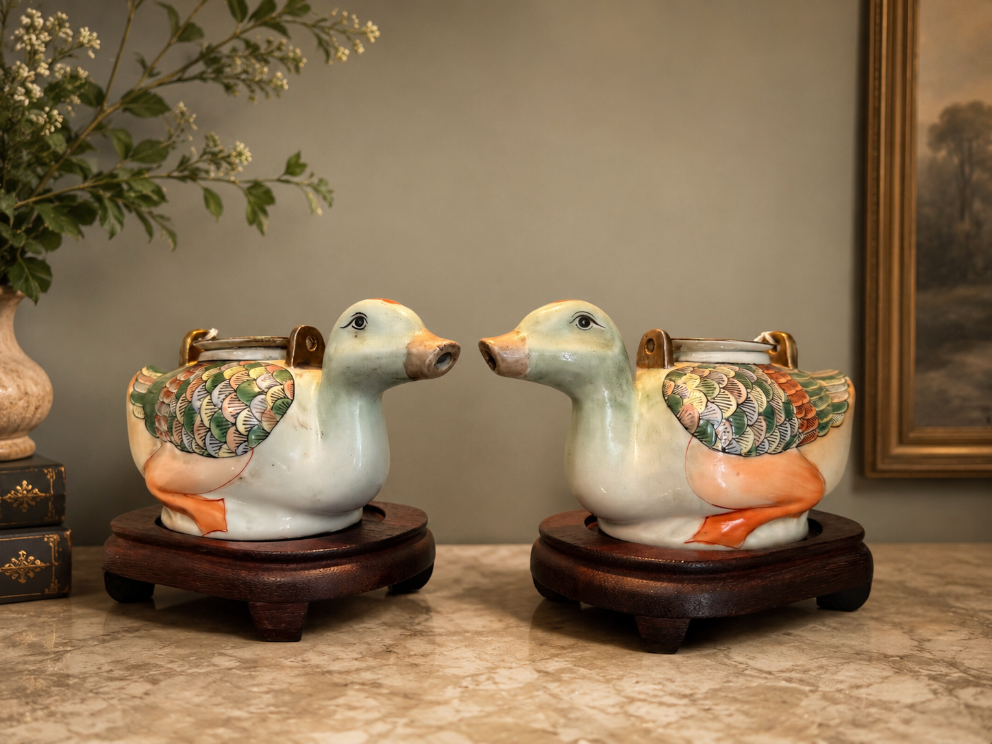 Vintage Celadon Ceramic Duck Ewers on Wooden Stands | Hand-Painted Pair