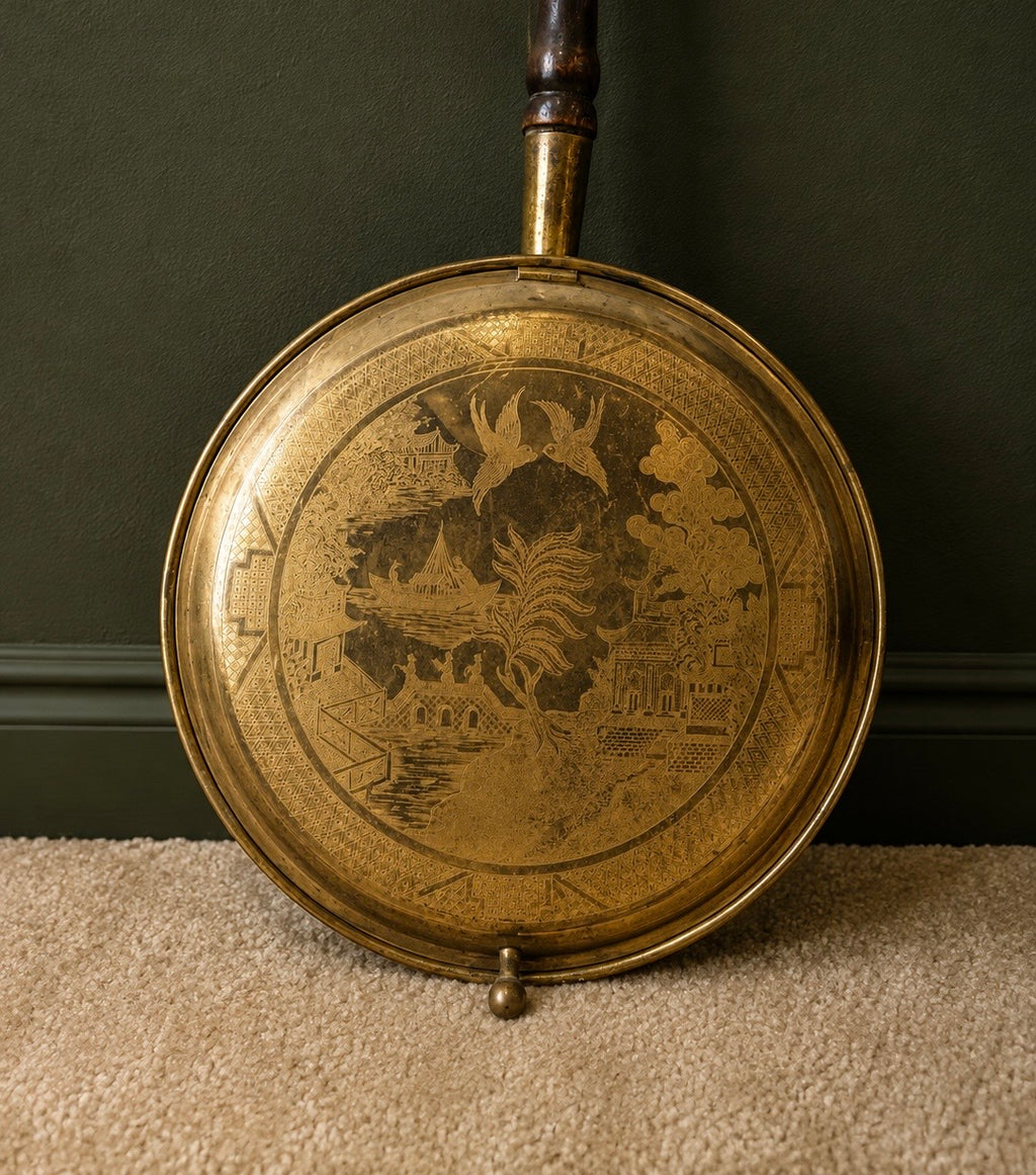 Antique Engraved Brass Bed Warmer with Turned Wood Handle