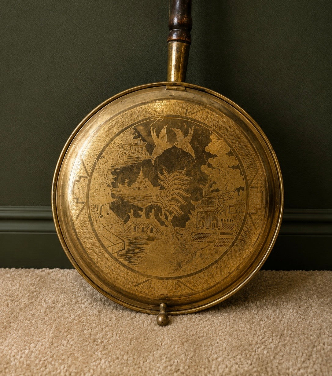 Antique Engraved Brass Bed Warmer with Turned Wood Handle