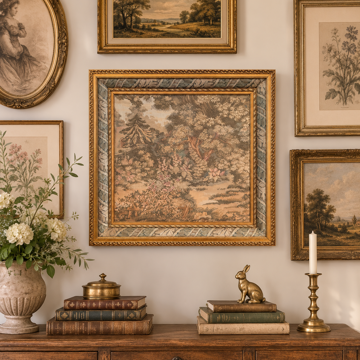 Vintage Framed English Garden Landscape Tapestry | Custom Gilt Frame | 28” x 28”