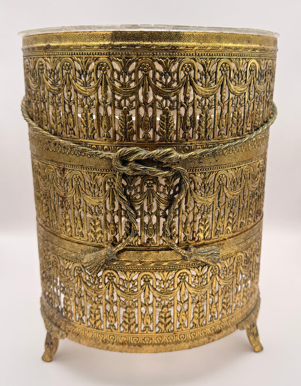 Vintage Matson Hollywood Regency Gilt Filigree Wastebasket with Rope & Tassel Detail