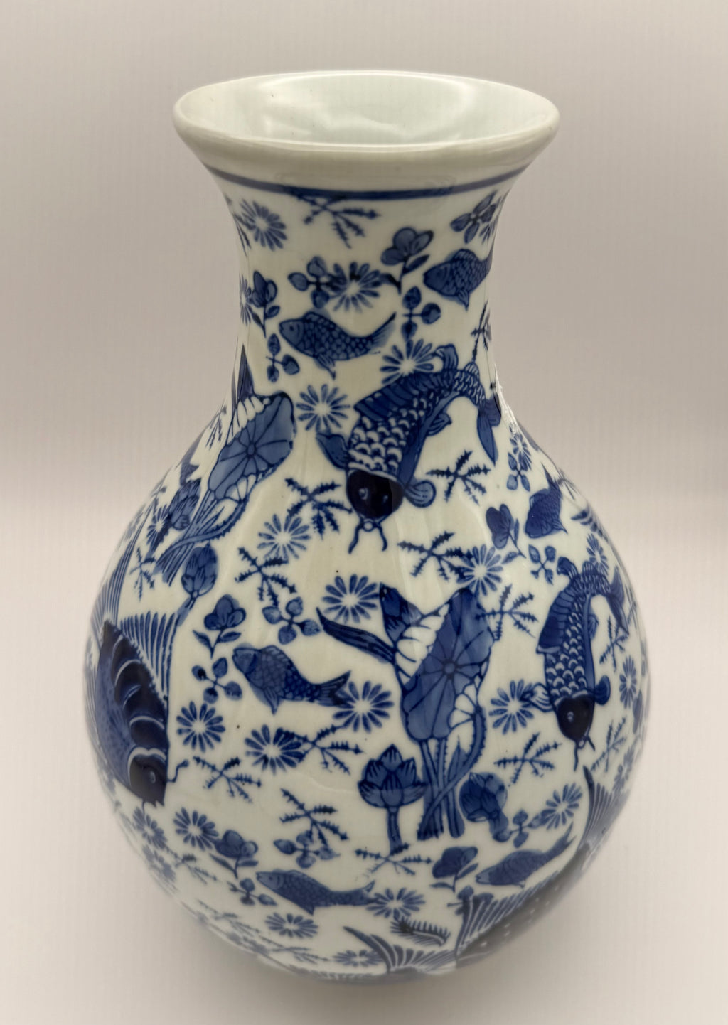 Blue & White Porcelain Fish & Lotus Vase