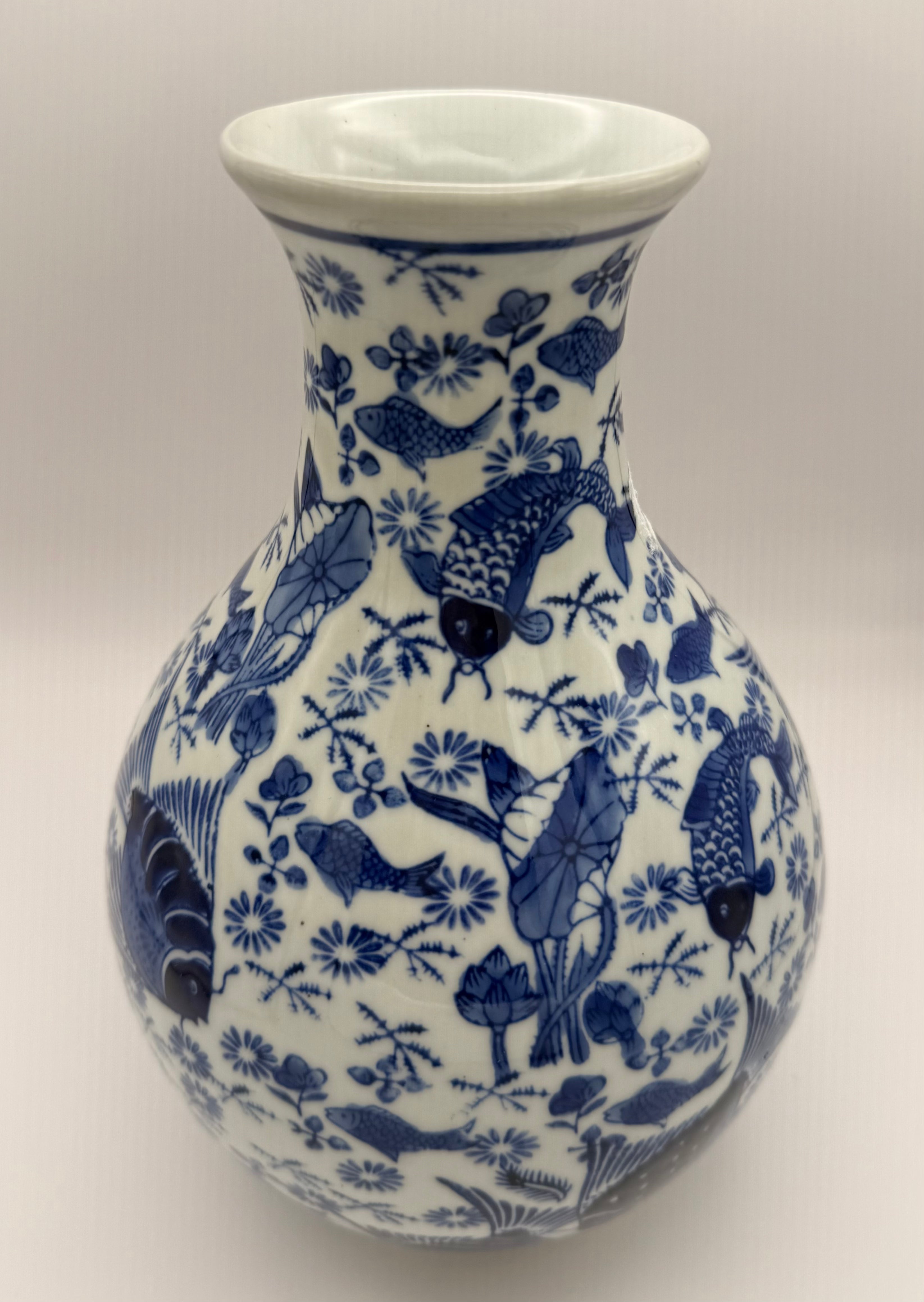 Blue & White Porcelain Fish & Lotus Vase