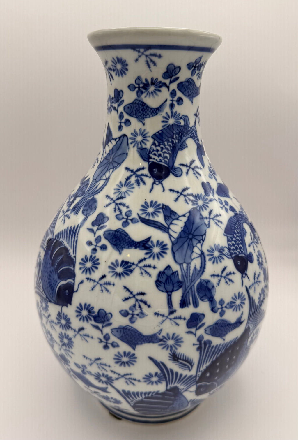 Blue & White Porcelain Fish & Lotus Vase