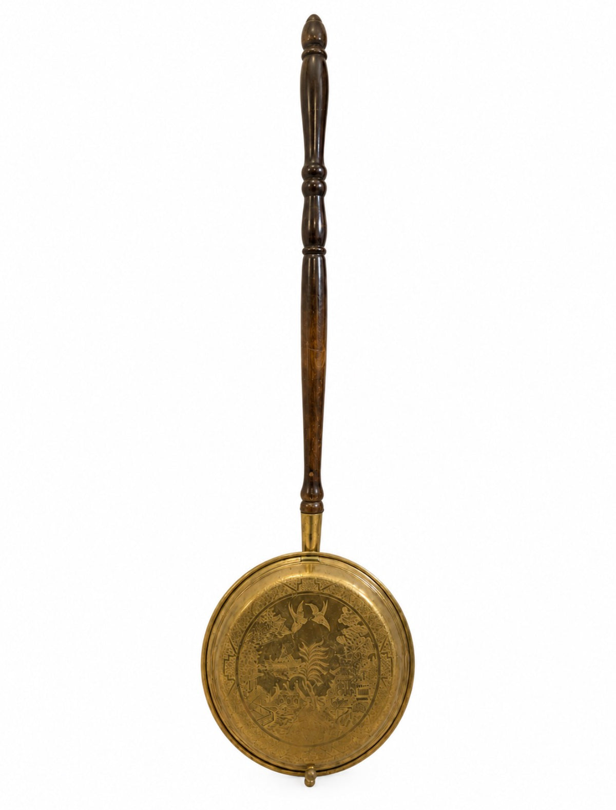 Antique Engraved Brass Bed Warmer with Turned Wood Handle