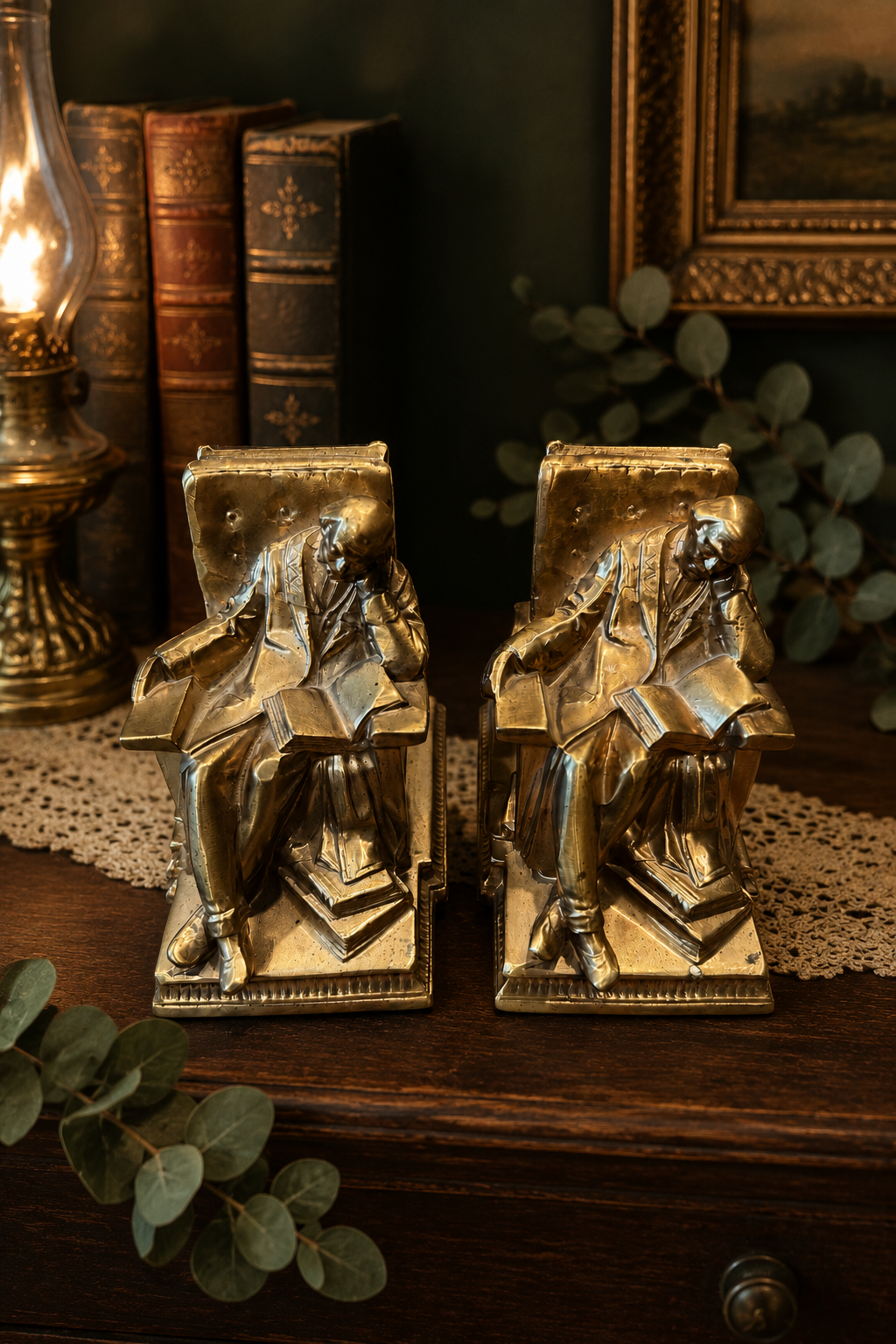 Vintage Solid Brass Seated Reader Bookends | Pair