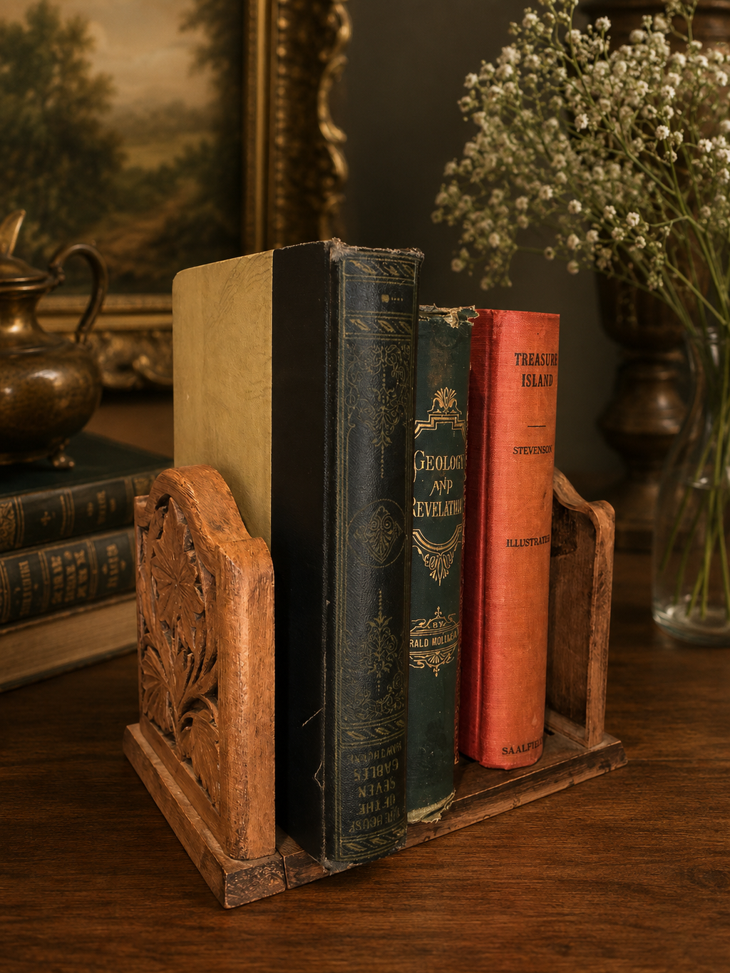 Vintage Hand-Carved Wooden Expanding Book Slide | Floral Adjustable Book Rack