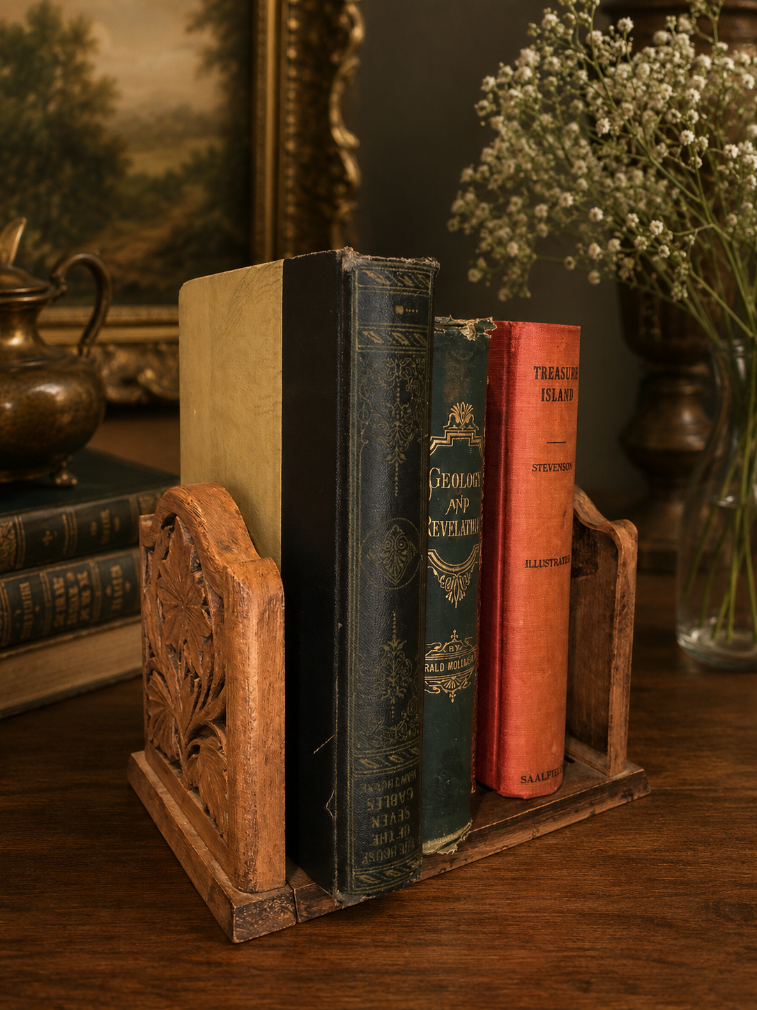 Vintage Hand-Carved Wooden Expanding Book Slide | Floral Adjustable Book Rack