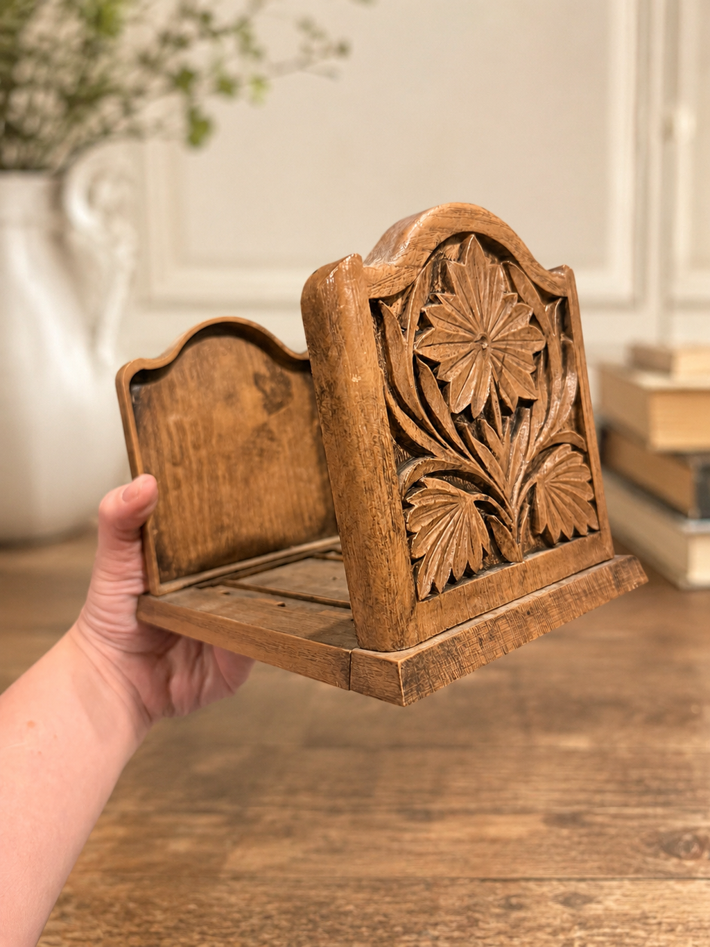 Vintage Hand-Carved Wooden Expanding Book Slide | Floral Adjustable Book Rack