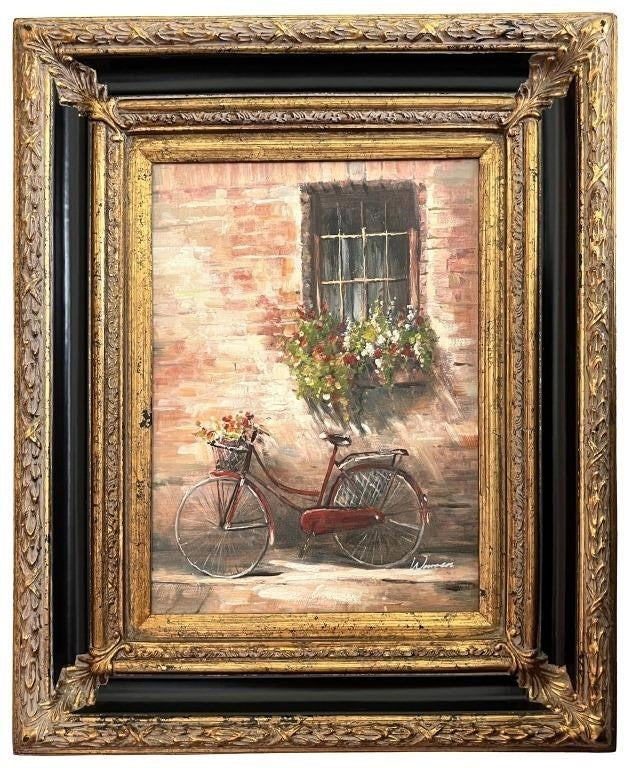 Warren Original Oil on Canvas – Bicycle with Flowers