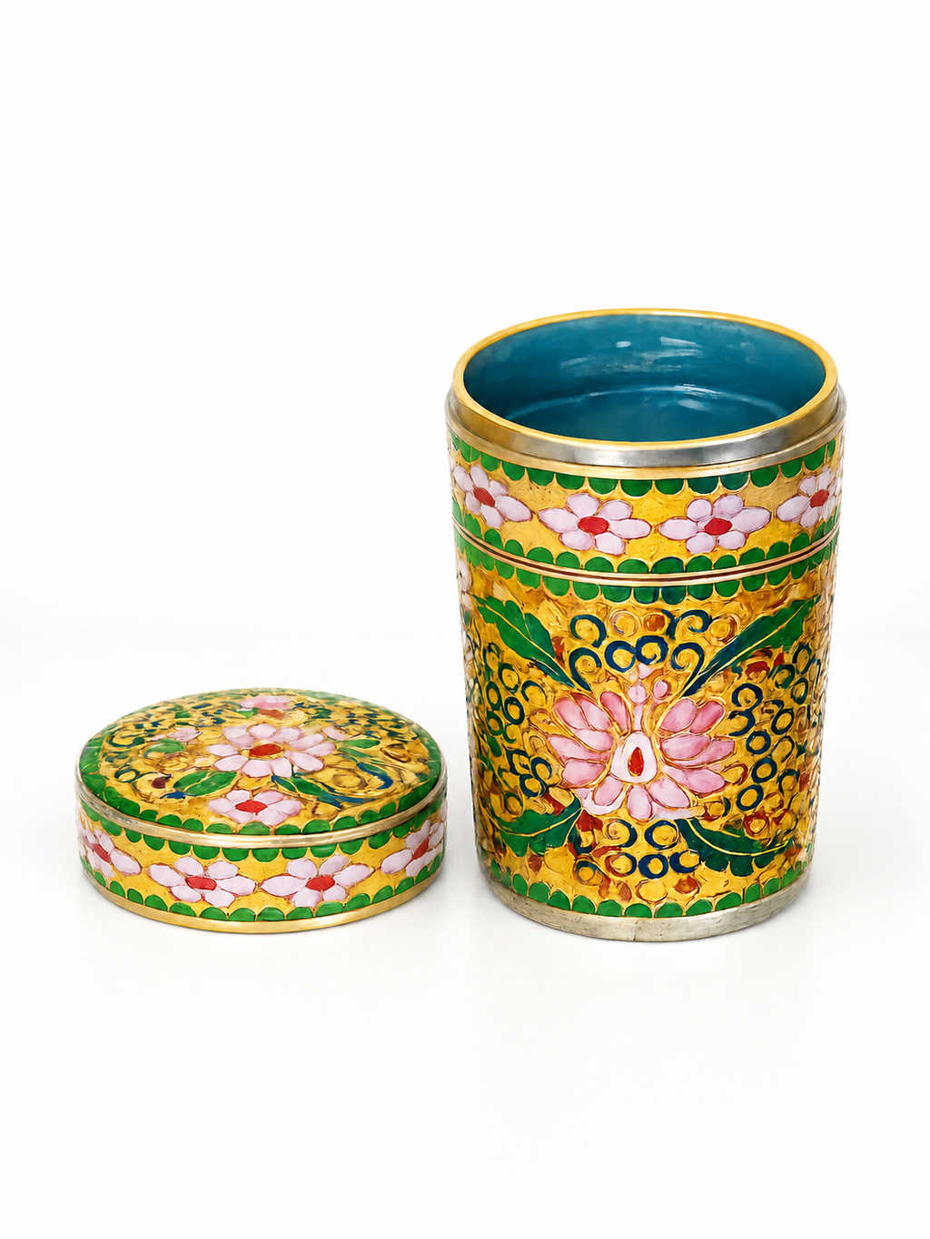 Vintage Cloisonné Enamel Tea Caddy with Turquoise Interior