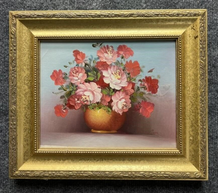 Vintage Original Floral Oil Painting by Cox in Ornate Gilt Frame | 14” x 12”