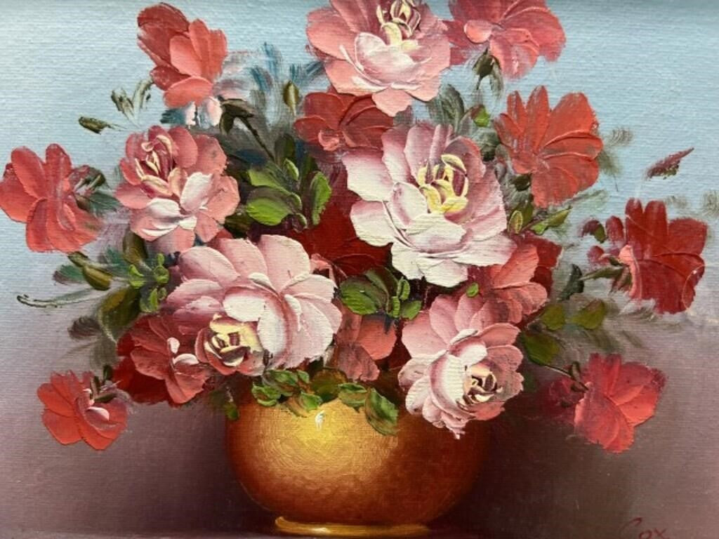 Vintage Original Floral Oil Painting by Cox in Ornate Gilt Frame | 14” x 12”