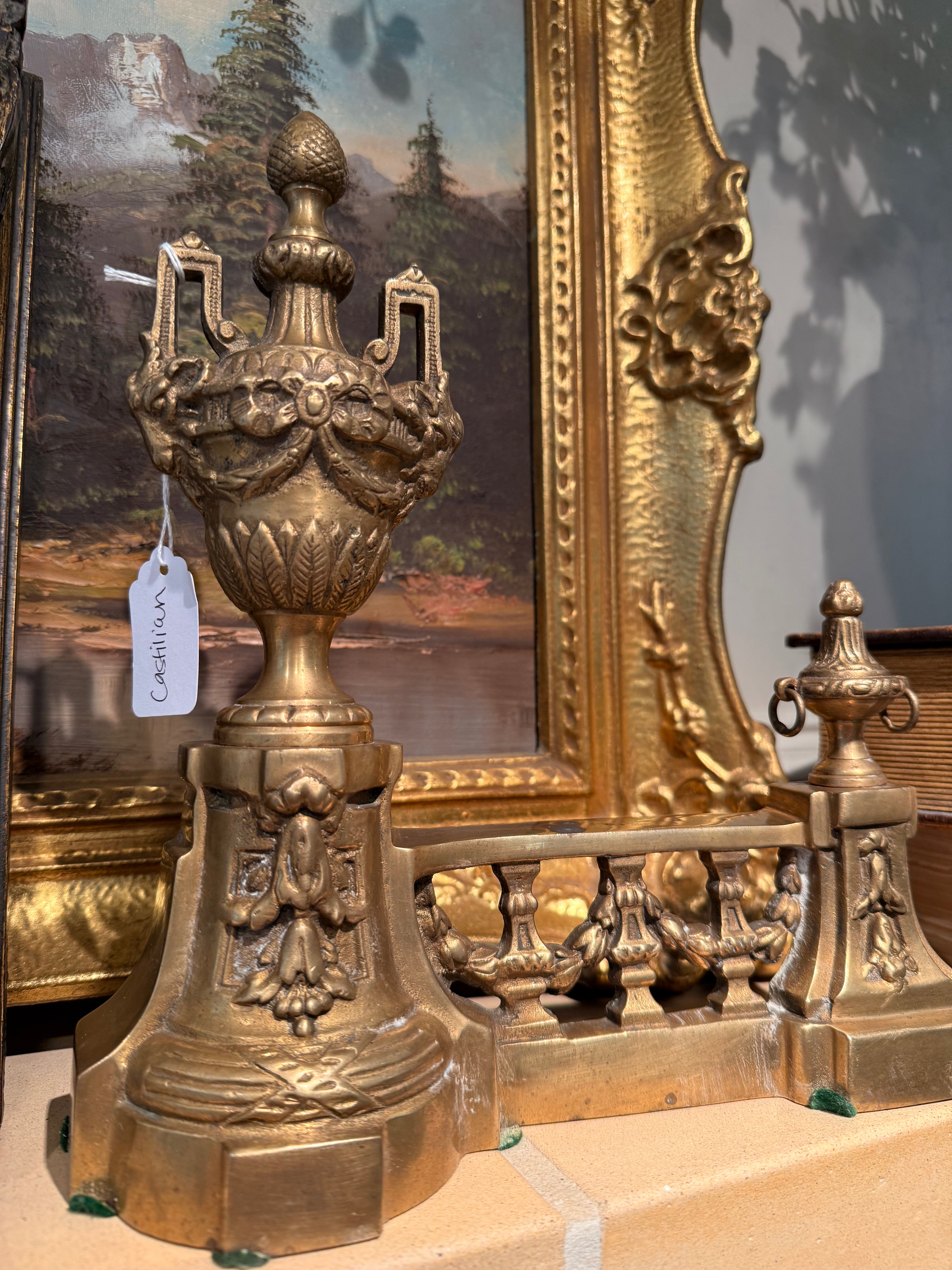 Vintage Castilian Made in Italy Brass Fireplace Chenets / Andirons – Pair