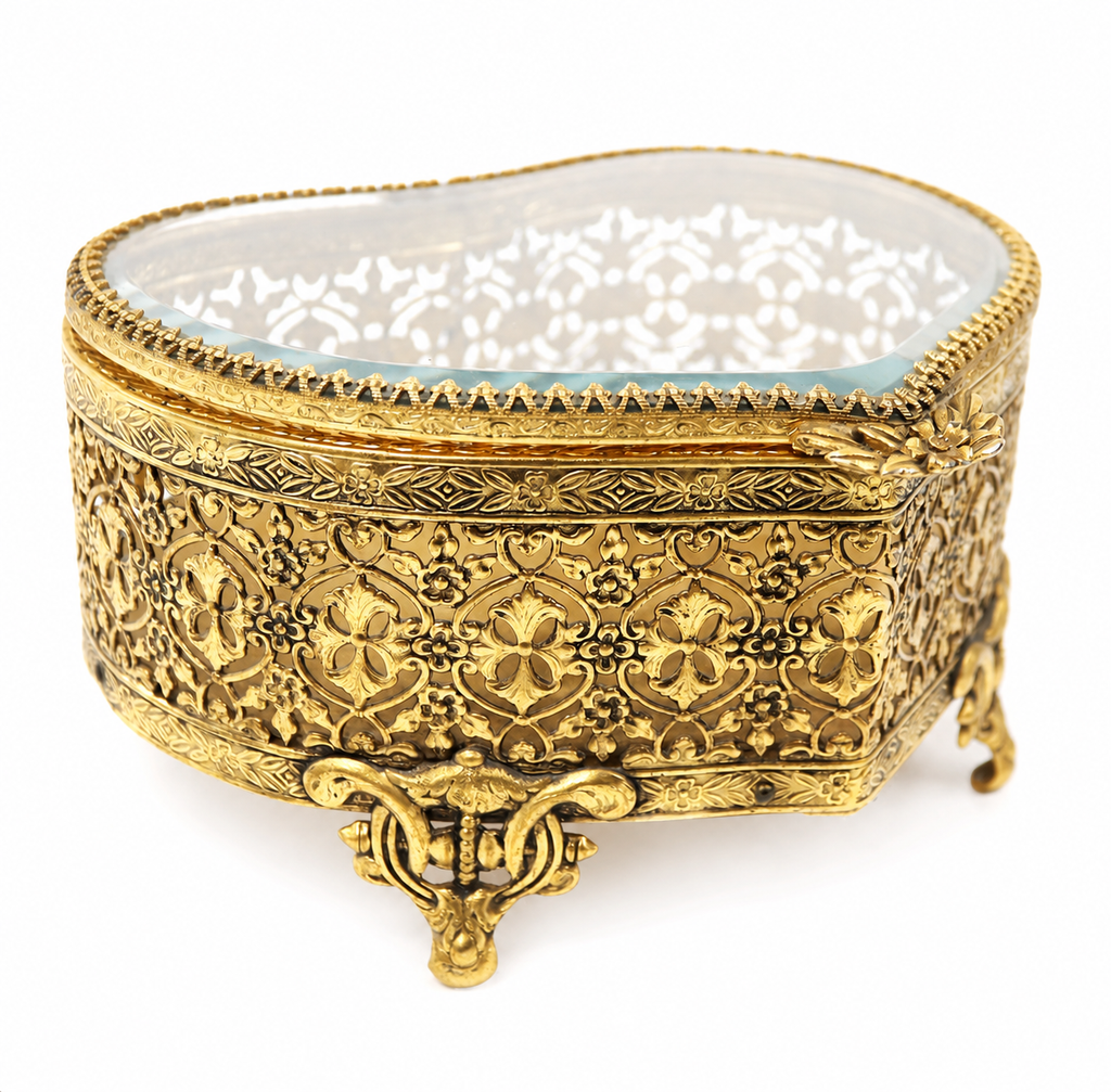 Vintage Heart-Shaped Gold Filigree Jewelry Casket