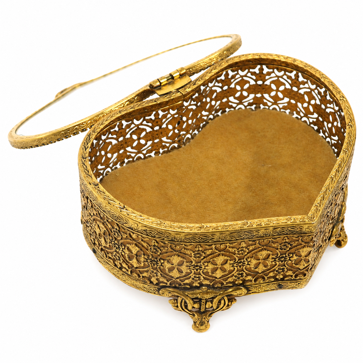 Vintage Heart-Shaped Gold Filigree Jewelry Casket