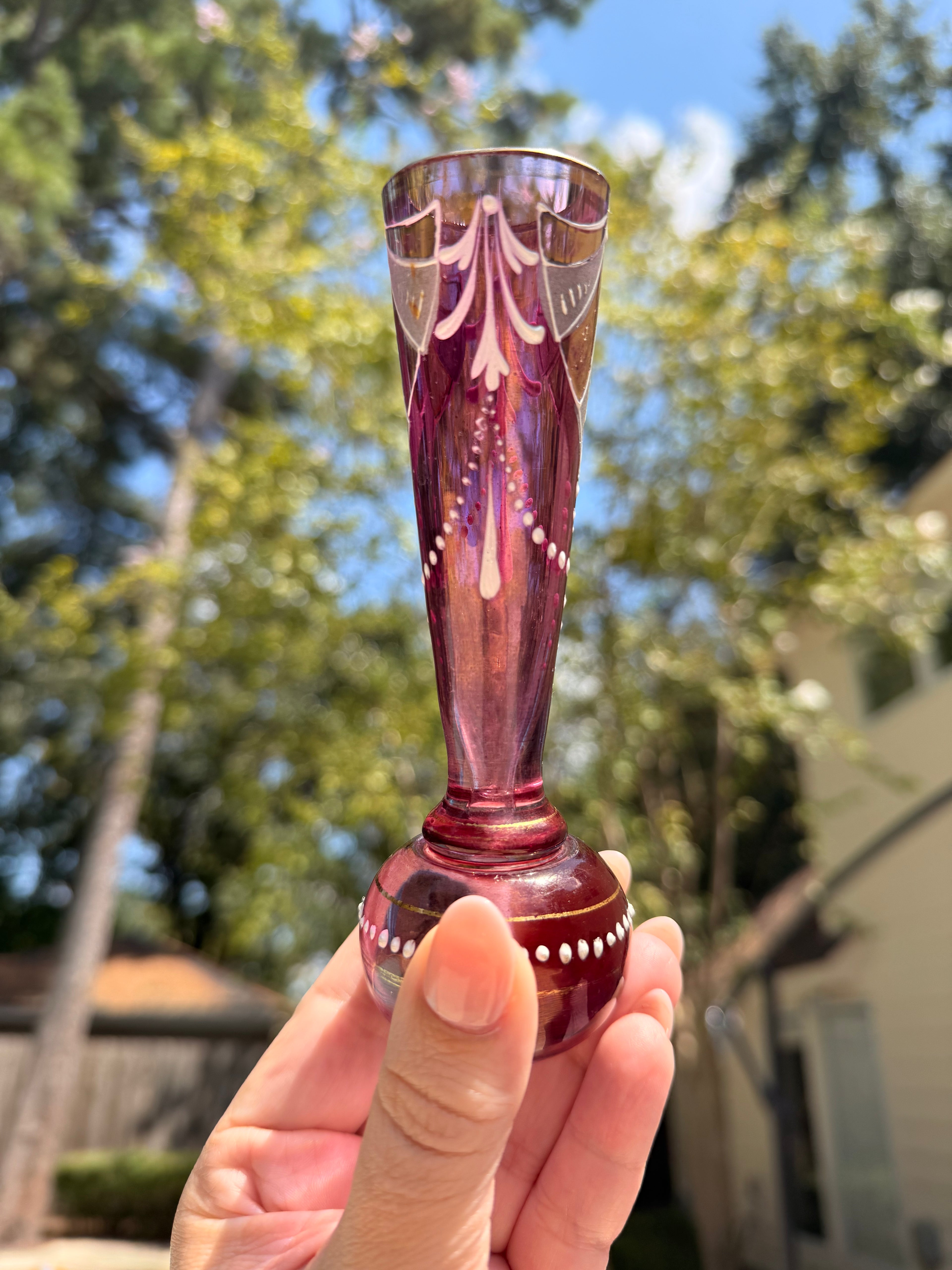 Vintage Amethyst Art Glass Bud Vase with Hand-Painted Enamel & Gilt Details