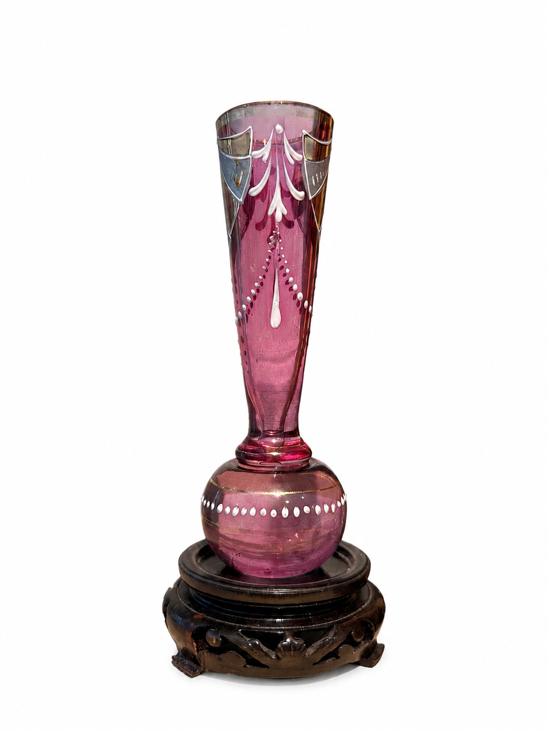Vintage Amethyst Art Glass Bud Vase with Hand-Painted Enamel & Gilt Details