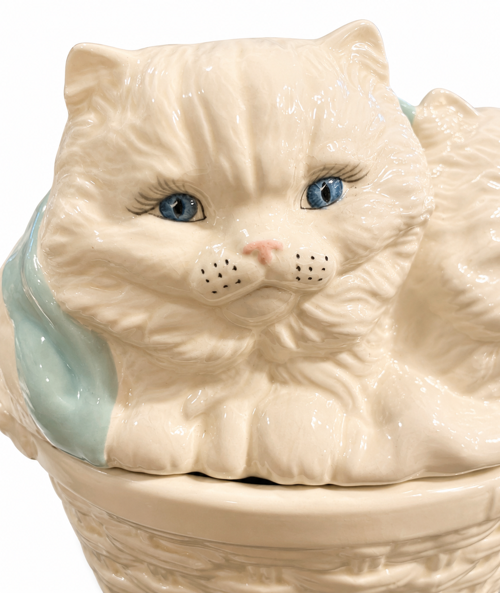 Oversized Vintage Persian Cat Basket – Lidded Ceramic Storage Vessel