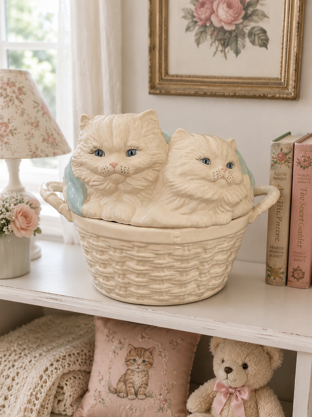 Oversized Vintage Persian Cat Basket – Lidded Ceramic Storage Vessel