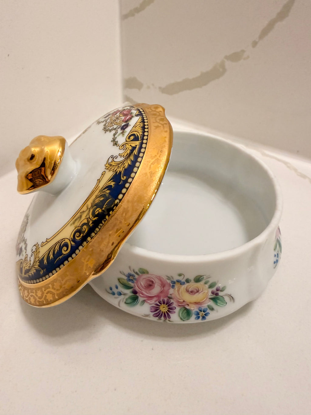 Imperia Limoges France 22K Gold Porcelain Covered Trinket Box with Hand-Painted Floral Design