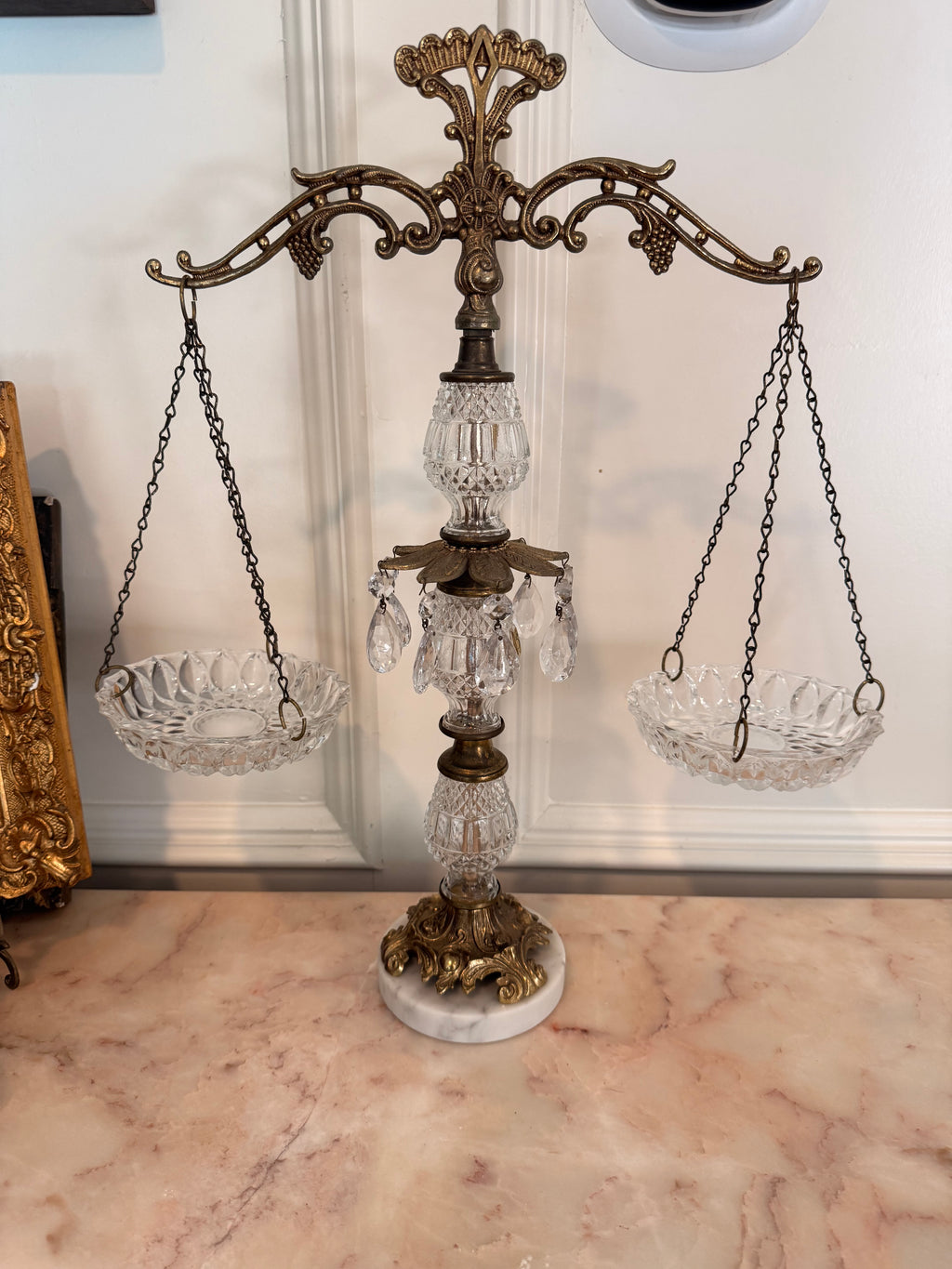 Vintage Hollywood Regency Scales of Justice | Crystal, Brass & Marble