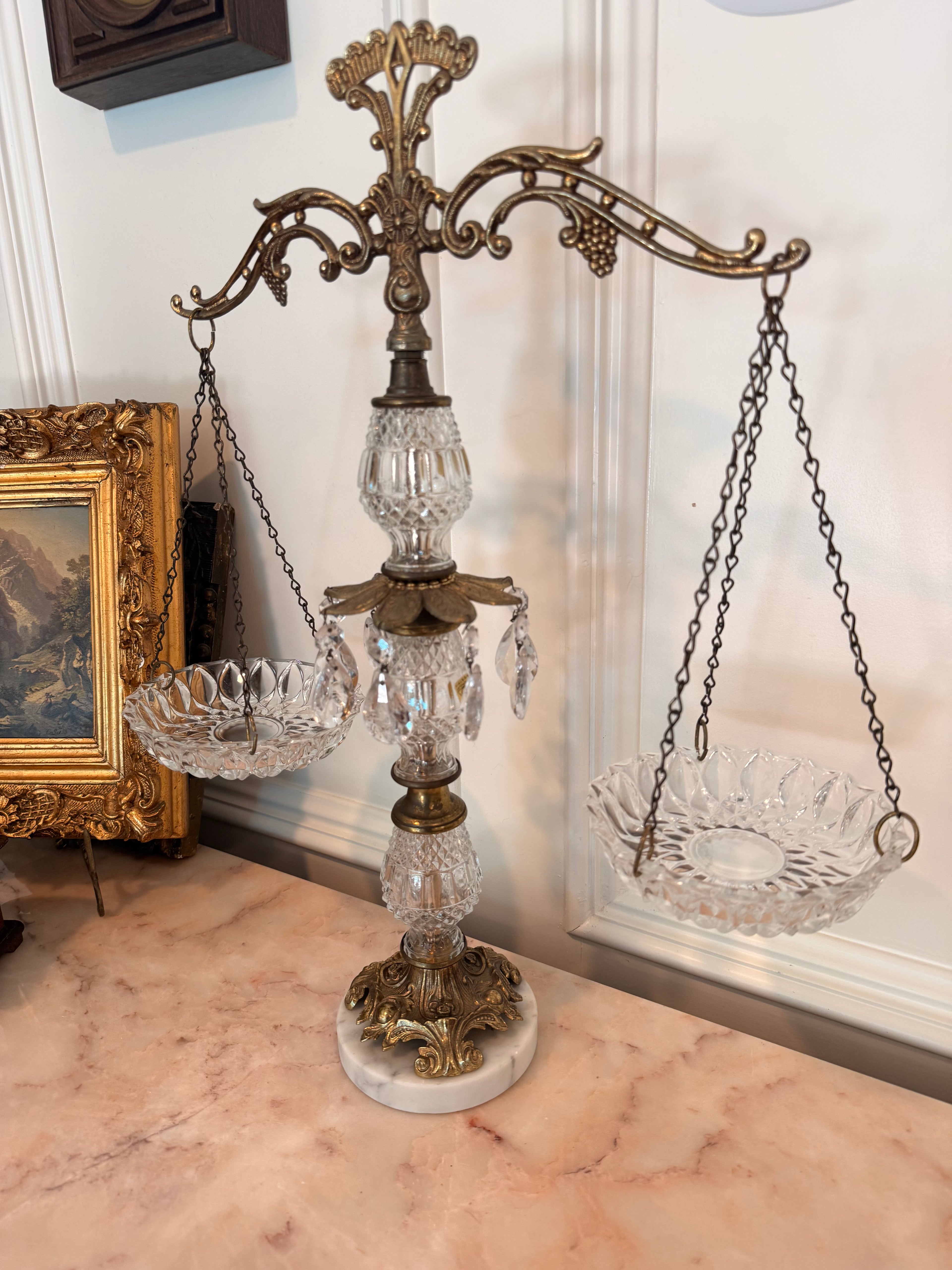 Vintage Hollywood Regency Scales of Justice | Crystal, Brass & Marble