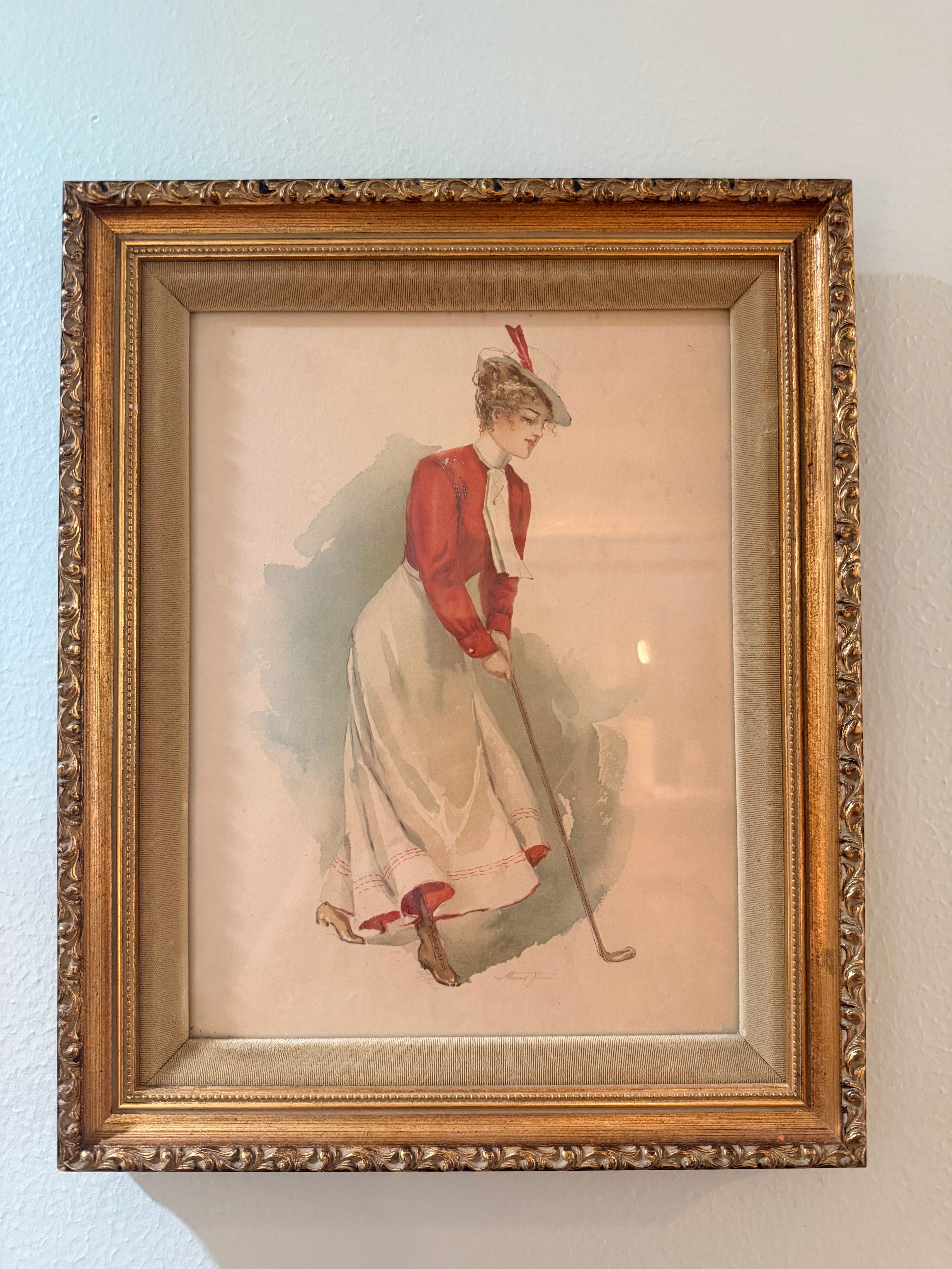 Vintage Lady Golfer Framed Lithograph