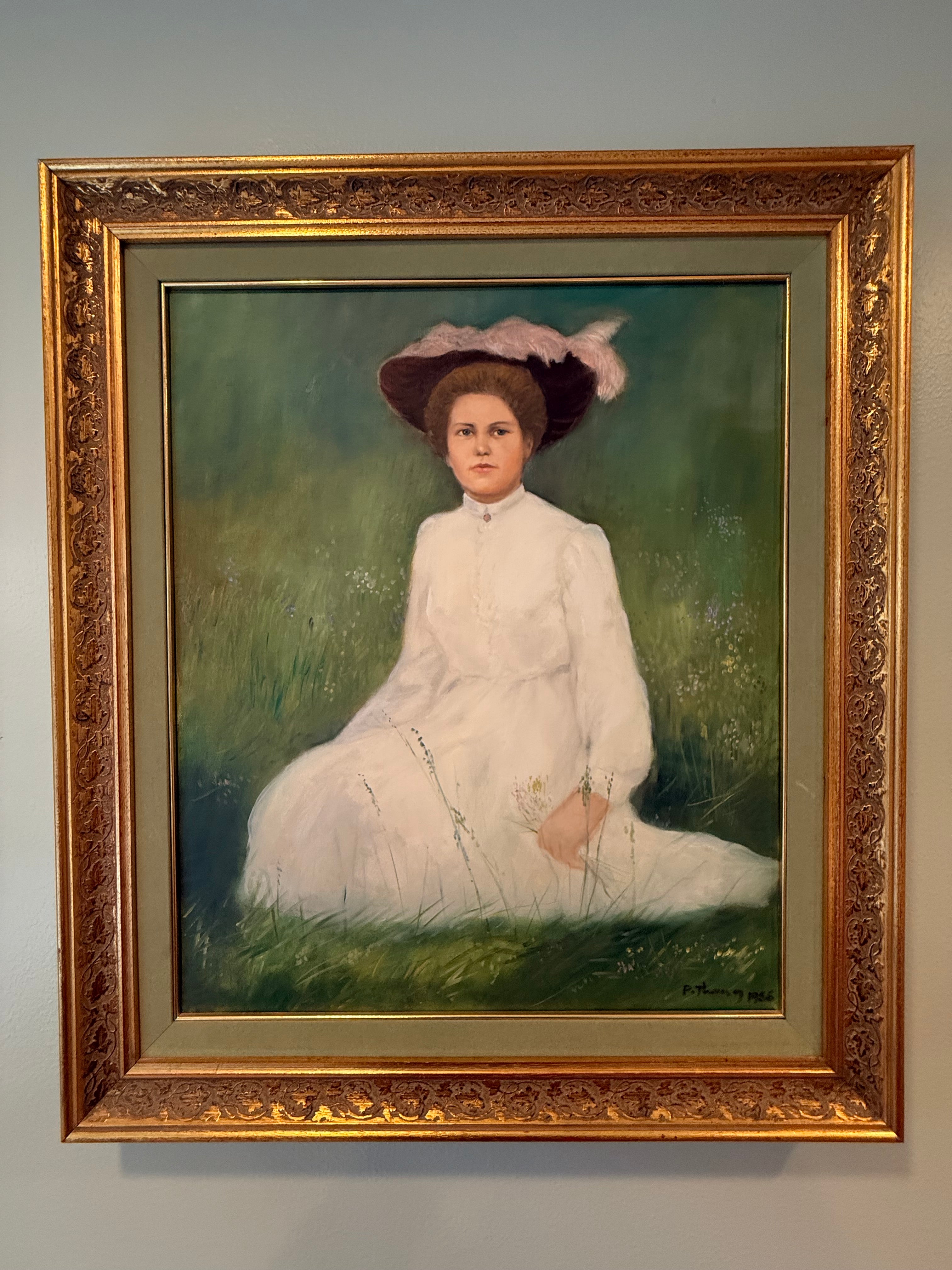 Vintage Romantic Oil Portrait of Young Woman in Ornate Gilt Frame | Signed Original Oil Painting (1986)