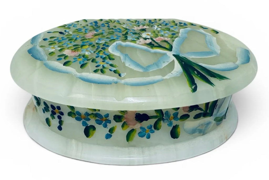 Vintage Hand-Painted White Onyx Floral Jewelry Box | Hinged Stone Trinket Box