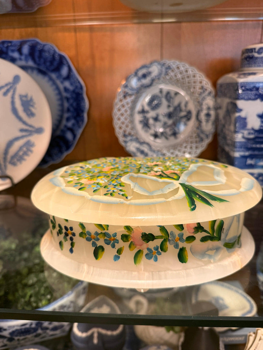 Vintage Hand-Painted White Onyx Floral Jewelry Box | Hinged Stone Trinket Box