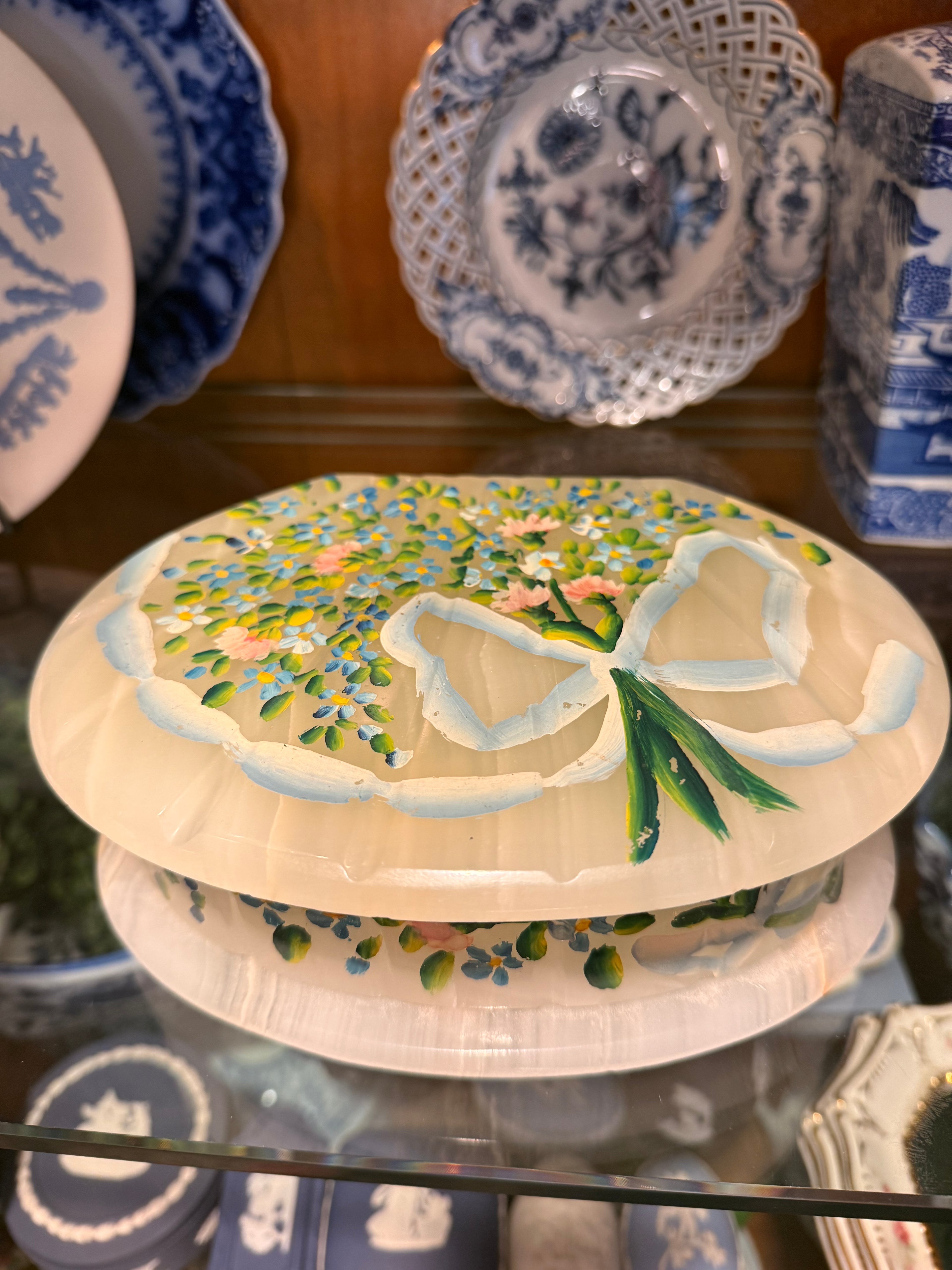 Vintage Hand-Painted White Onyx Floral Jewelry Box | Hinged Stone Trinket Box