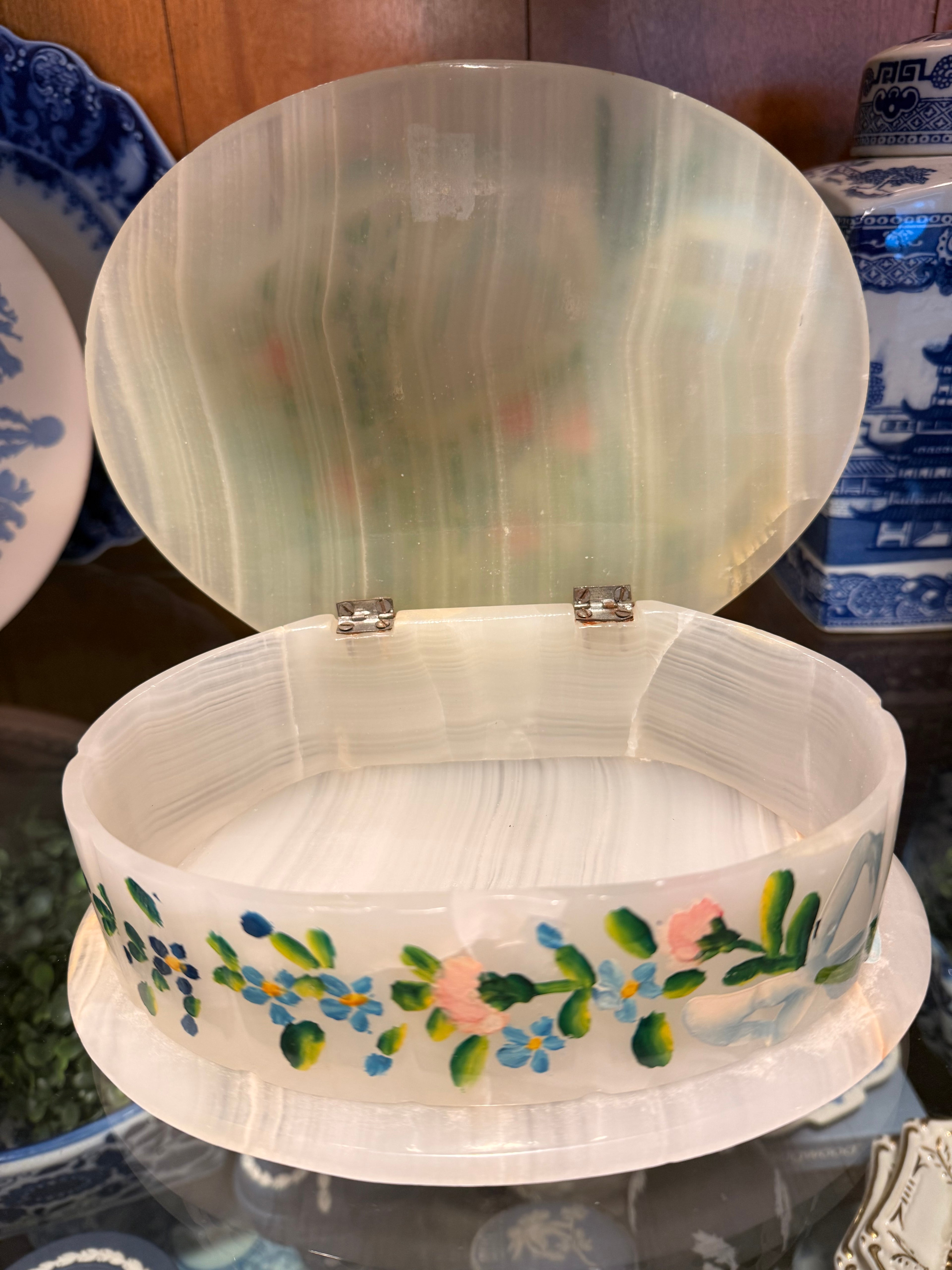 Vintage Hand-Painted White Onyx Floral Jewelry Box | Hinged Stone Trinket Box