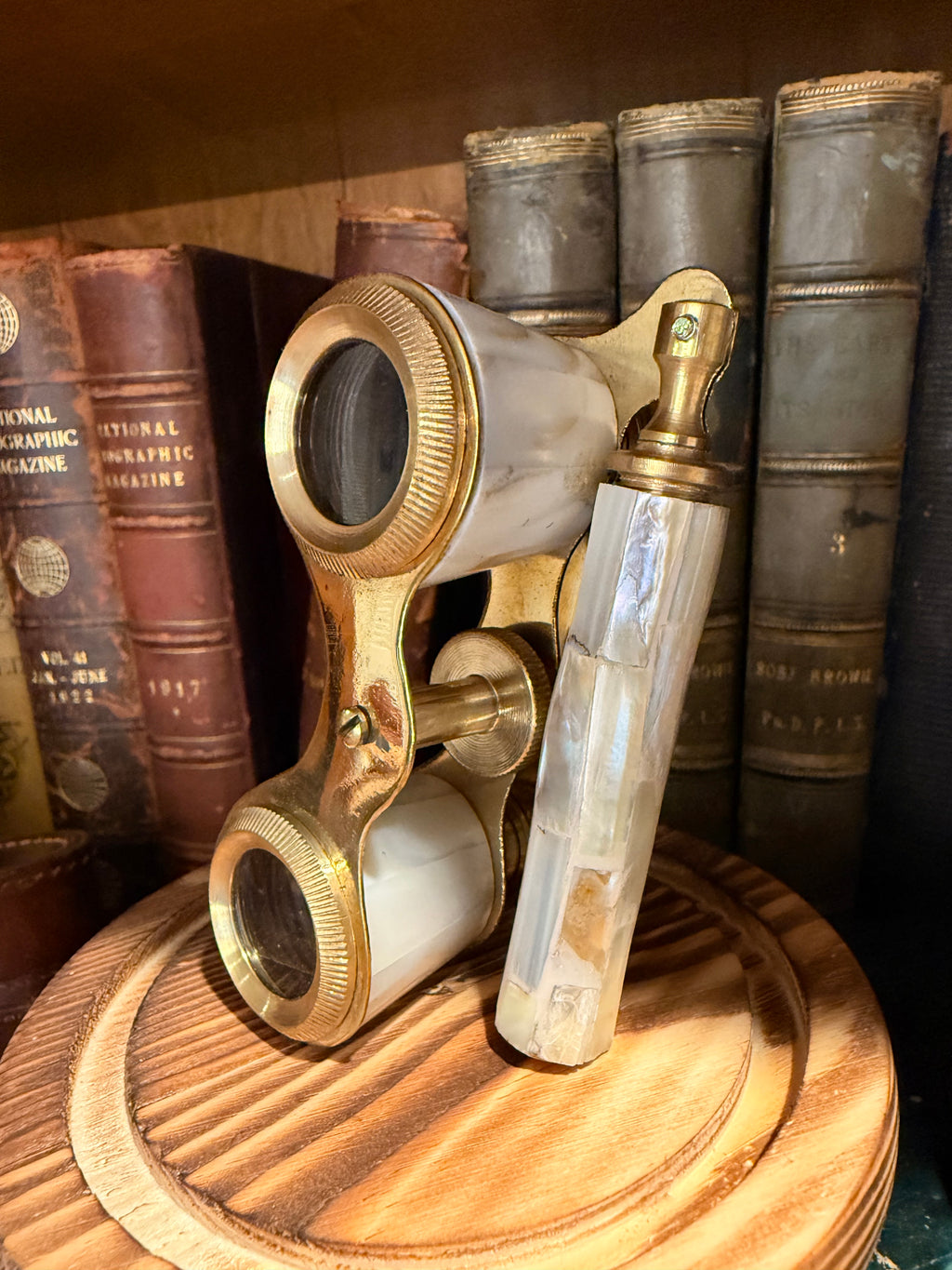 Vintage Brass & Mother-of-Pearl Opera Glasses Under Glass Cloche