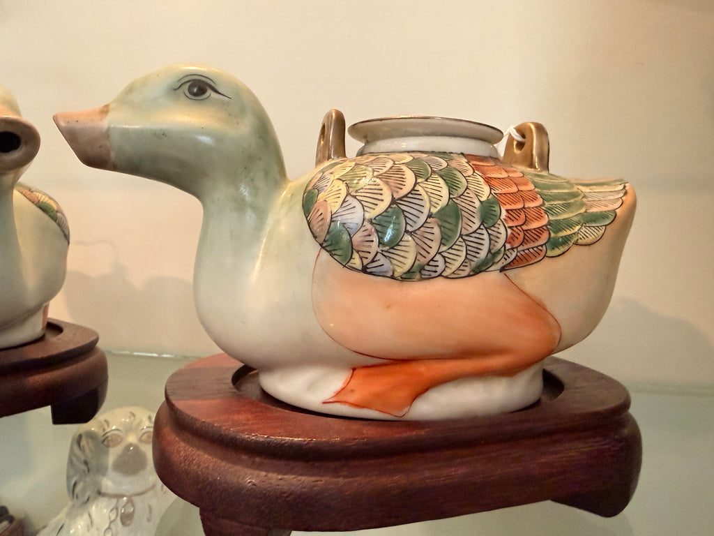 Vintage Celadon Ceramic Duck Ewers on Wooden Stands | Hand-Painted Pair