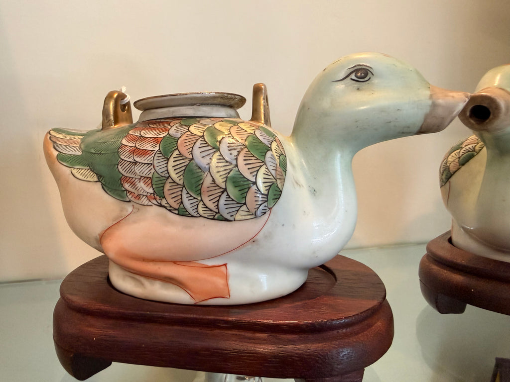Vintage Celadon Ceramic Duck Ewers on Wooden Stands | Hand-Painted Pair