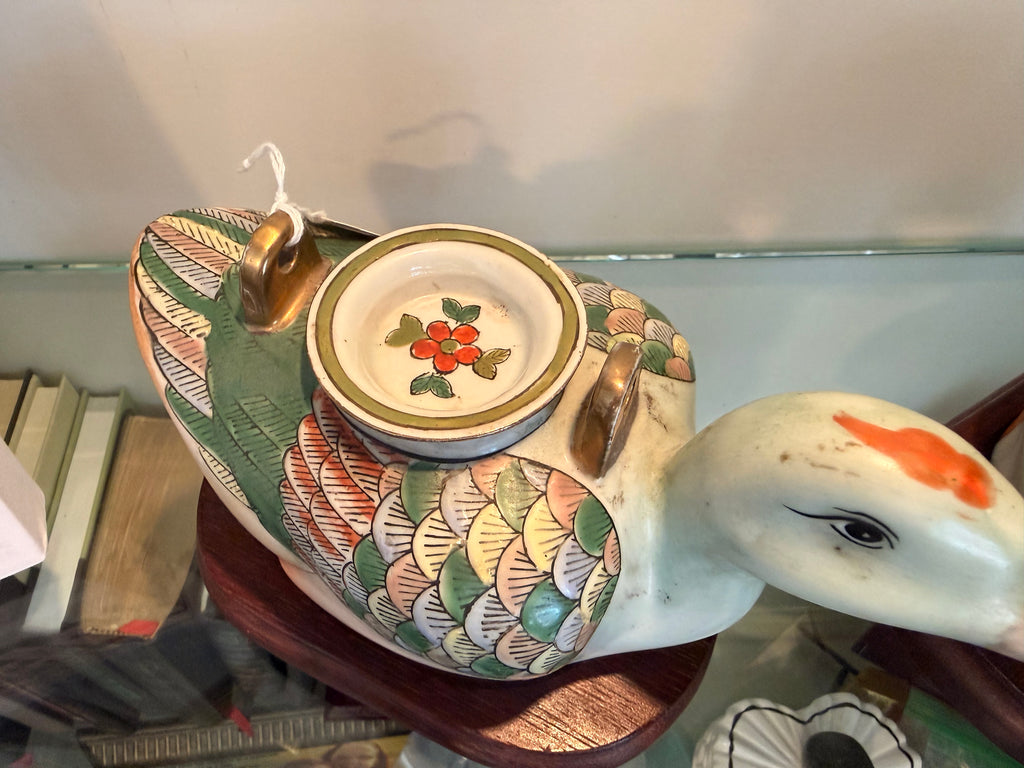 Vintage Celadon Ceramic Duck Ewers on Wooden Stands | Hand-Painted Pair