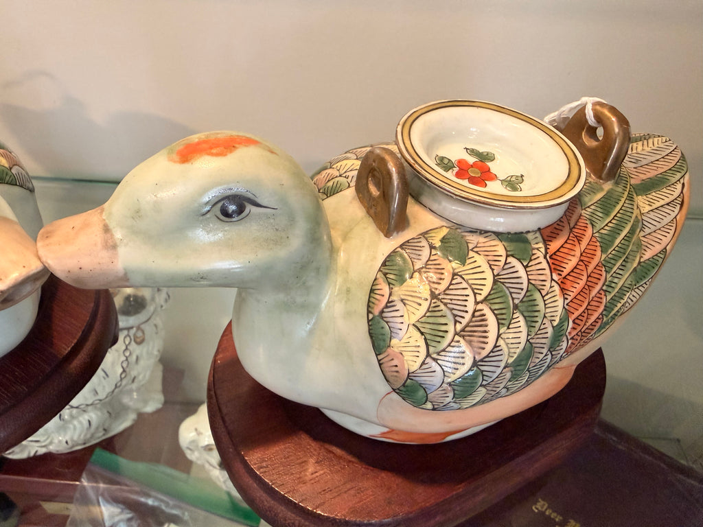 Vintage Celadon Ceramic Duck Ewers on Wooden Stands | Hand-Painted Pair