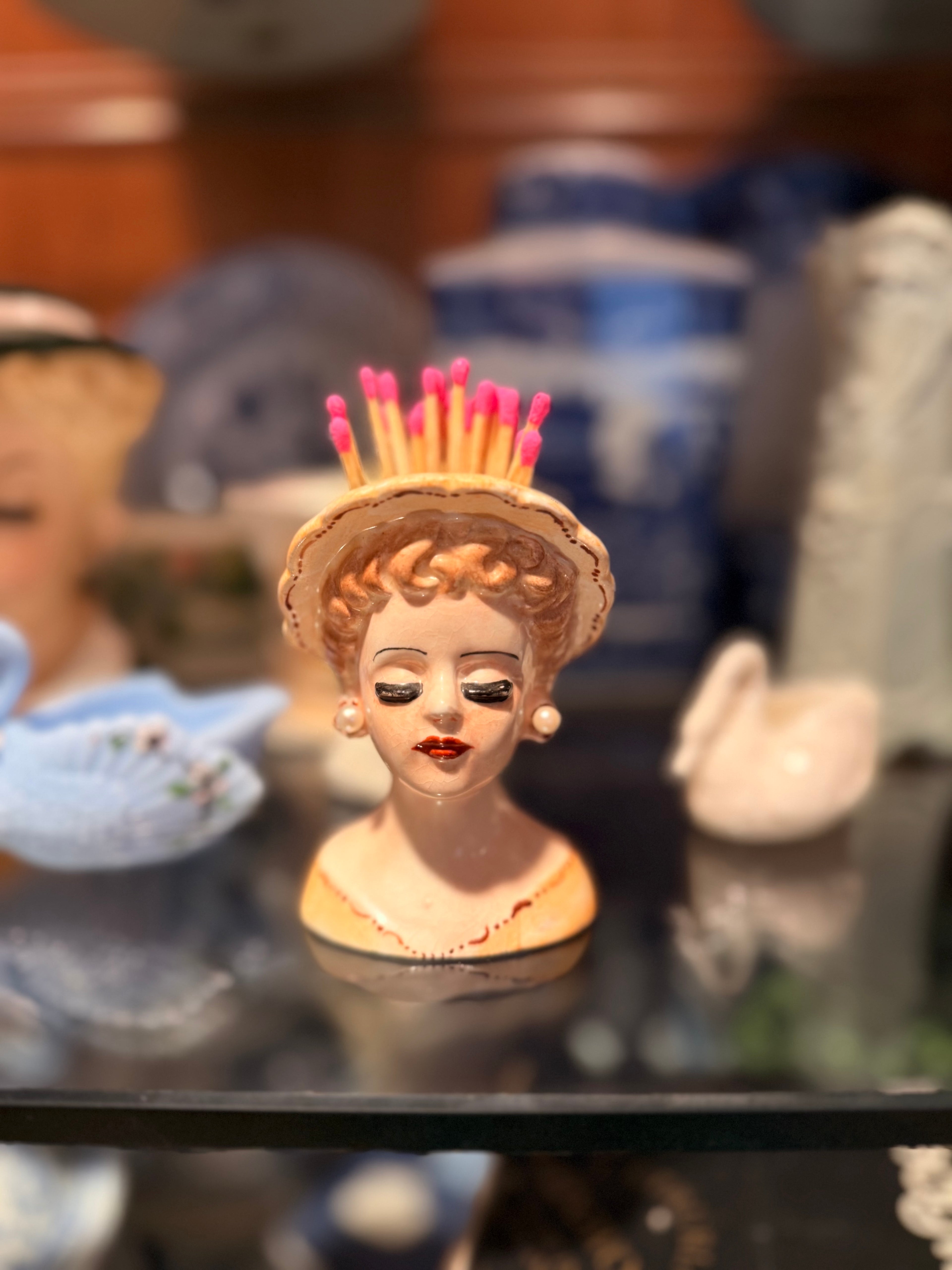 Vintage Lady Head Vase Match Holder | Mid-Century Ceramic Vanity Bust | Whimsical Decor