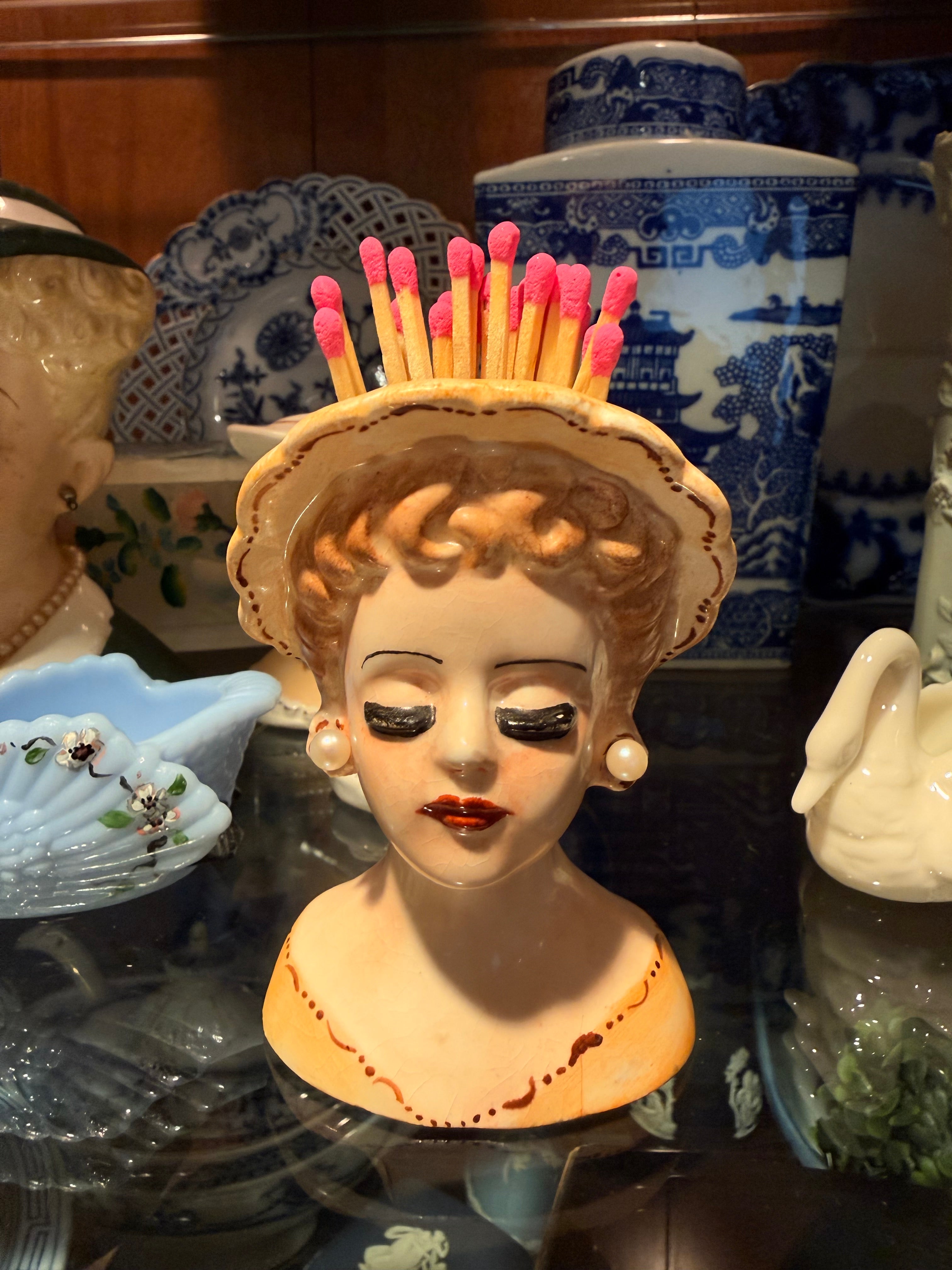 Vintage Lady Head Vase Match Holder | Mid-Century Ceramic Vanity Bust | Whimsical Decor