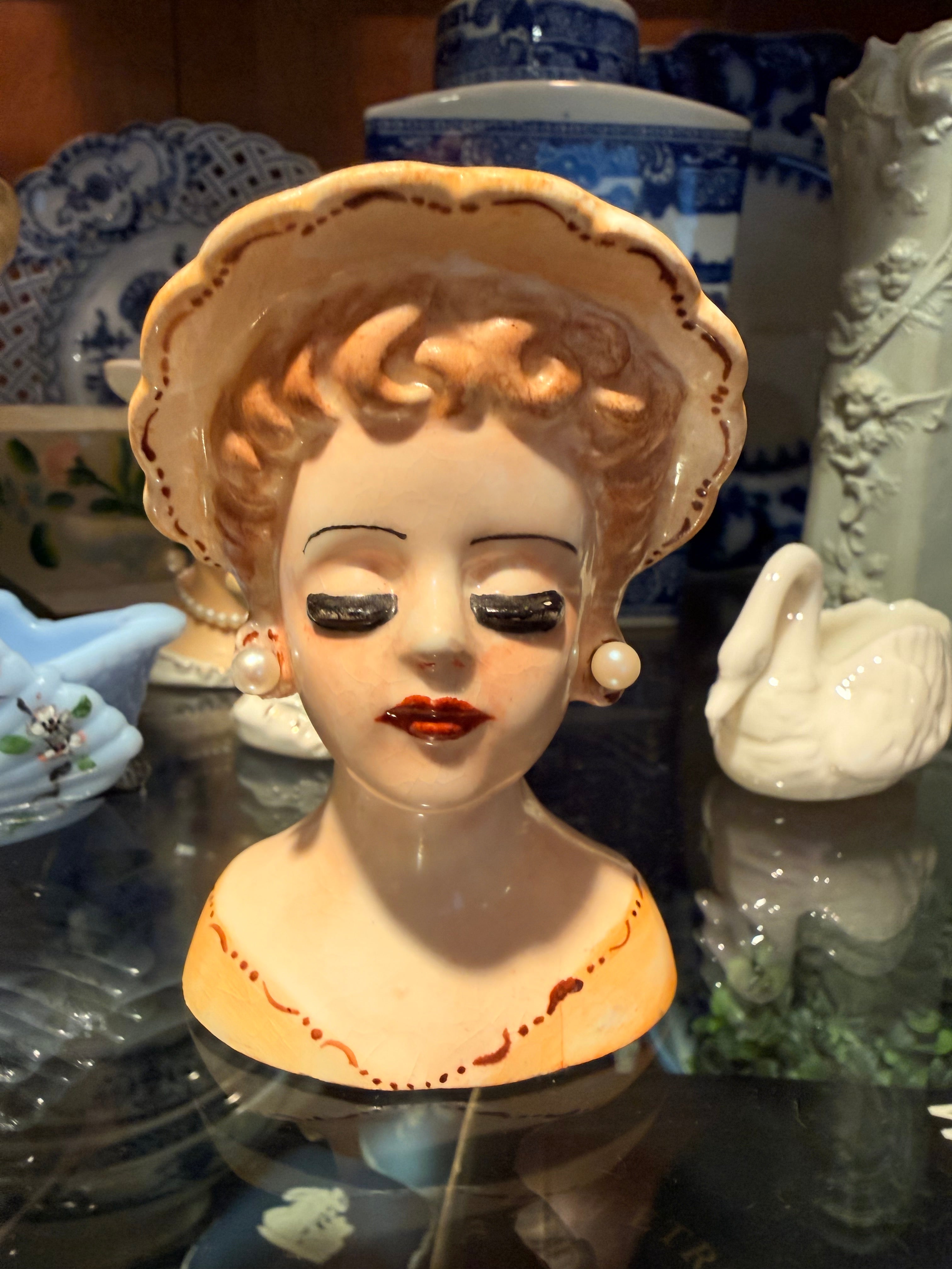 Vintage Lady Head Vase Match Holder | Mid-Century Ceramic Vanity Bust | Whimsical Decor