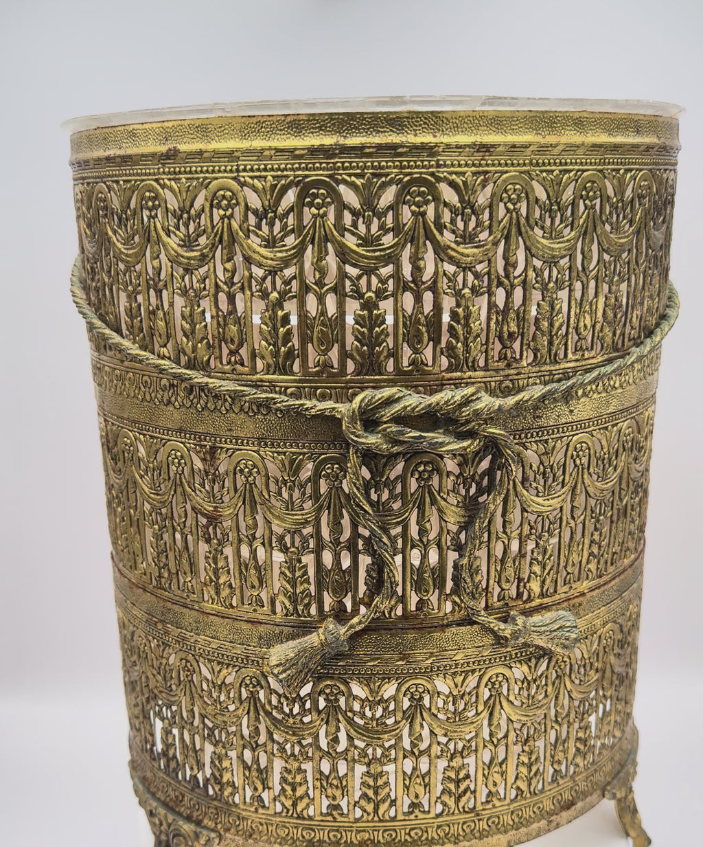 Vintage Matson Hollywood Regency Gilt Filigree Wastebasket with Rope & Tassel Detail